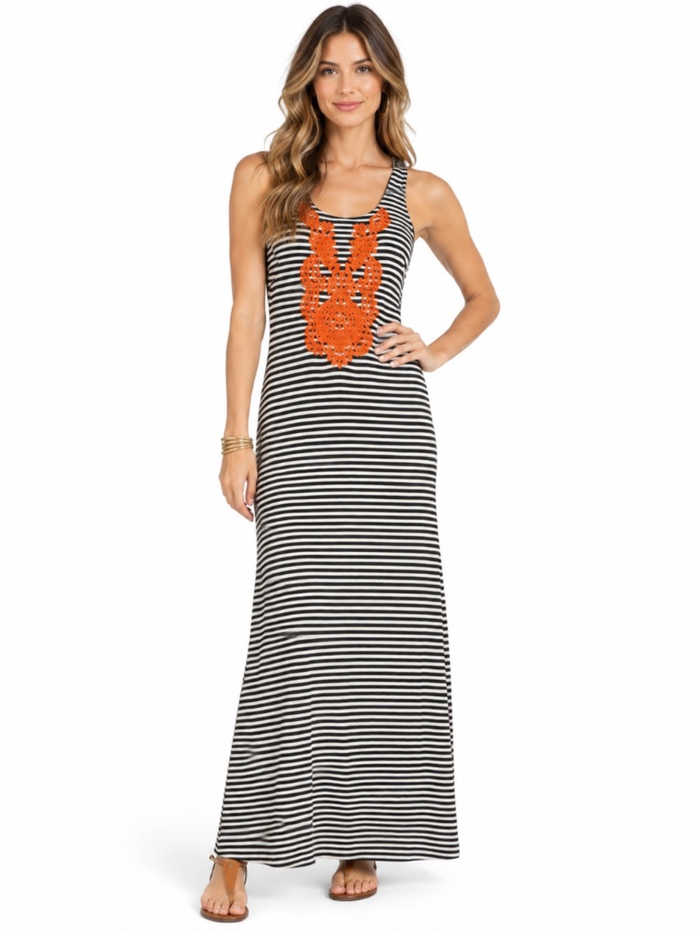 THML Striped Maxi Dress Black White W/Orange Embroidery Nautical Coastal Size M